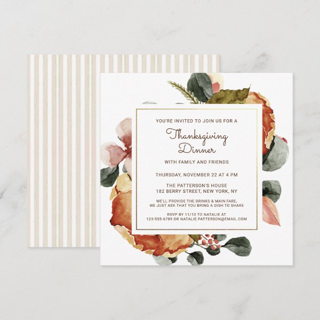Rustic Thanksgiving Dinner Watercolor Floral Invitation (Front/Back)