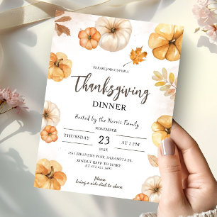 Rustic Thanksgiving Dinner Watercolor Pumpkin Invitation