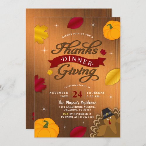 Rustic Thanksgiving Fall Leaves Turkey Pumpkin Invitation