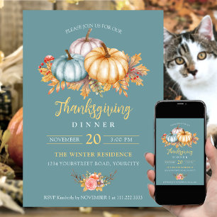 Rustic Thanksgiving floral pumpkins blue Invitation