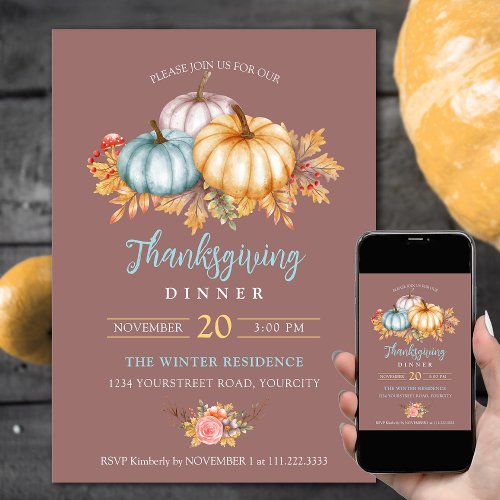 Rustic Thanksgiving floral pumpkins mauve rose Invitation