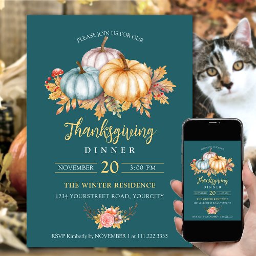 Rustic Thanksgiving floral pumpkins teal Invitation