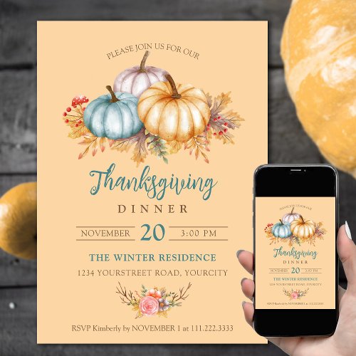 Rustic Thanksgiving floral pumpkins yellow Invitation