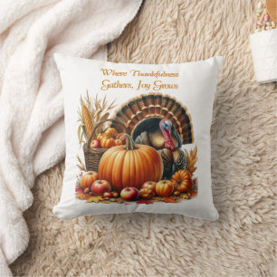 Rustic Thanksgiving Holiday Pumpkin Turkey Throw Pillow