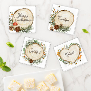 Rustic Thanksgiving Pinecones Mushroom Leaves Coaster Set