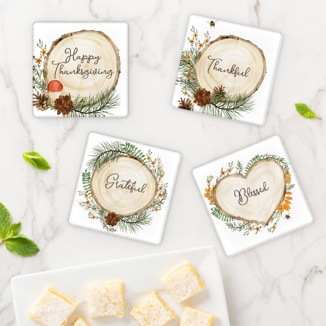 Rustic Thanksgiving Pinecones Mushroom Leaves  Coaster Set (In Situ)