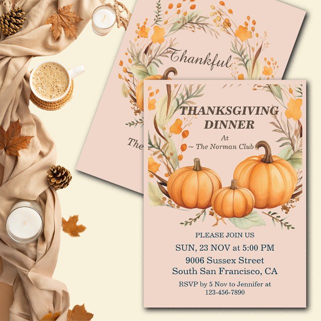 Rustic Thanksgiving Pumpkin Floral Dinner Custom Invitation (Creator Uploaded)