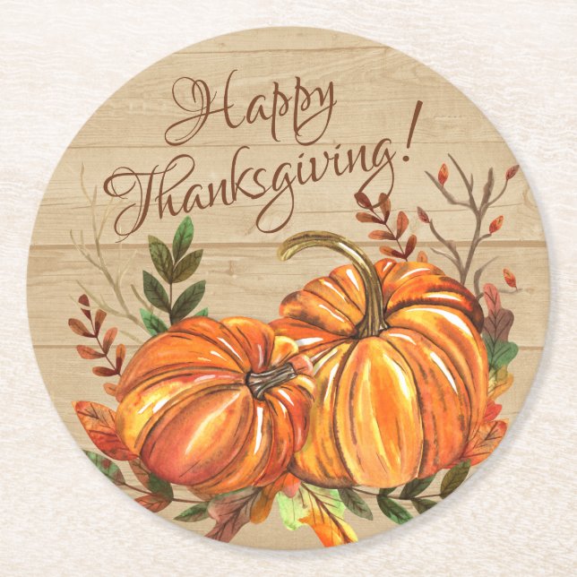 Rustic Thanksgiving Pumpkins Round Paper Coaster (Front)