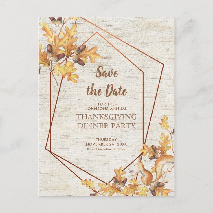 Rustic Thanksgiving Save the Date Acorns Squirrel Postcard Zazzle