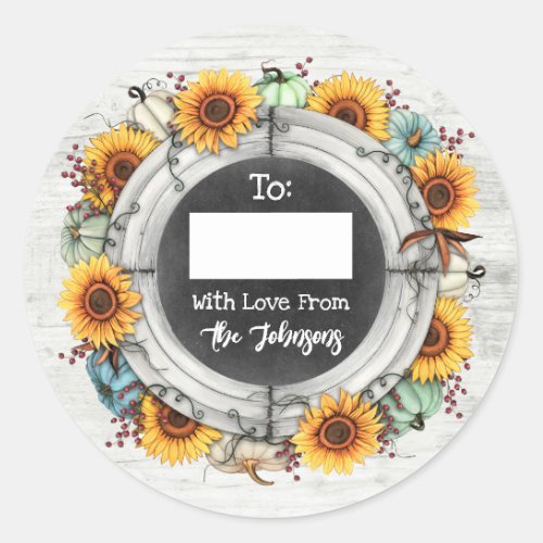 Rustic Thanksgiving Sunflower To  From Write_On Classic Round Sticker