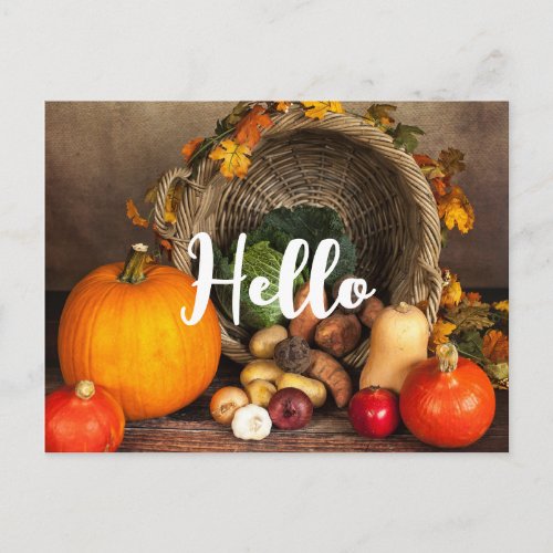 Rustic Thanksgiving Table Bountiful Harvest Hello Postcard