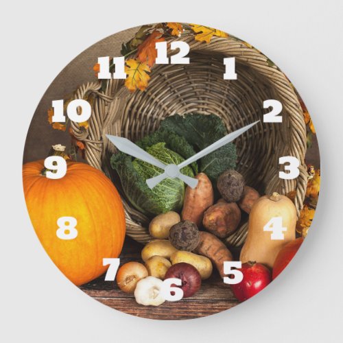 Rustic Thanksgiving Table Bountiful Harvest Large Clock