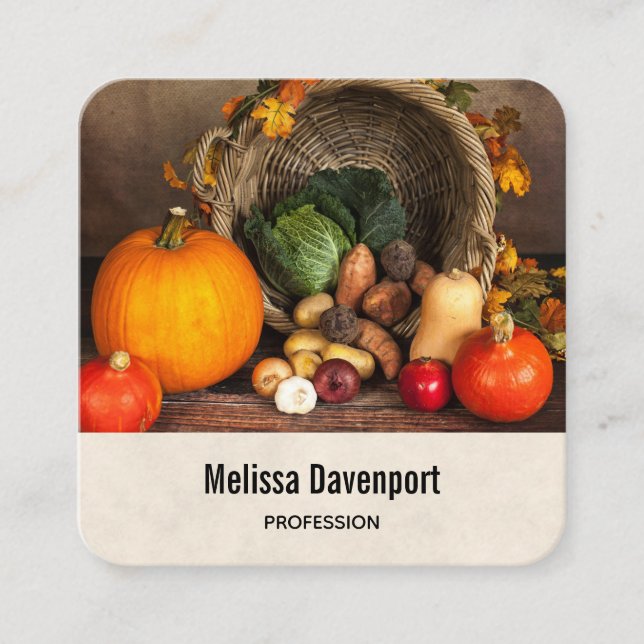 Rustic Thanksgiving Table Bountiful Harvest Square Business Card (Front)