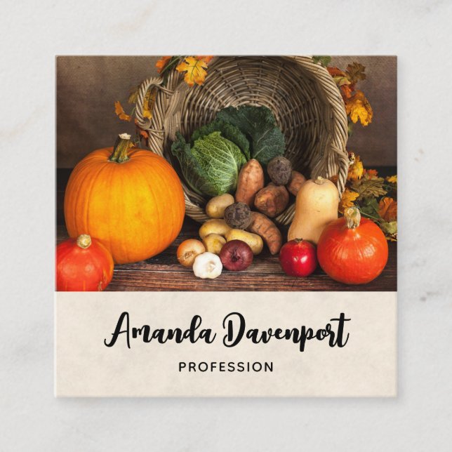 Rustic Thanksgiving Table Bountiful Harvest Square Business Card (Front)