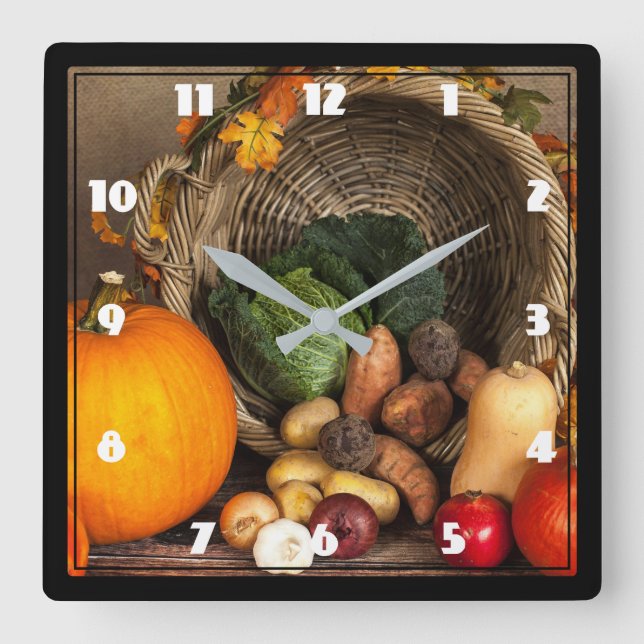 Rustic Thanksgiving Table Bountiful Harvest Square Wall Clock (Front)