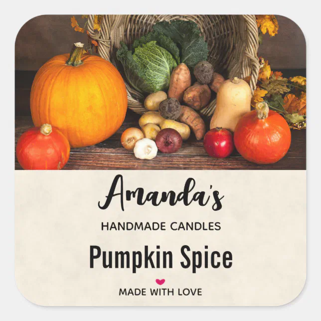 Rustic Thanksgiving Table Pumpkin Candle Biz Square Sticker | Zazzle