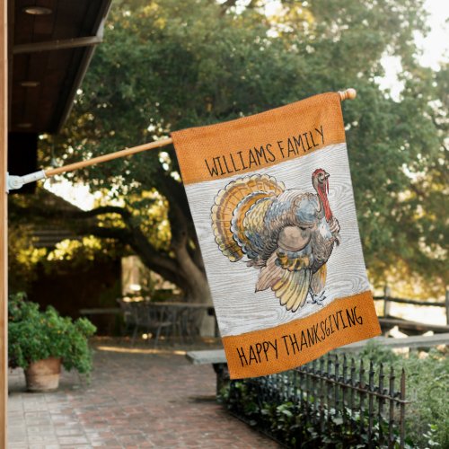 Rustic Thanksgiving Turkey Family Name House Flag