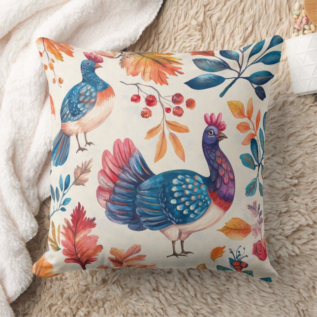 Rustic Thanksgiving Turkey Folk Art Fall Pattern Throw Pillow (Blanket)