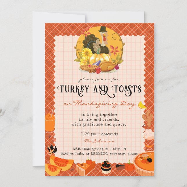 Rustic Thanksgiving Turkey & Toasts Friendsgiving Invitation (Front)