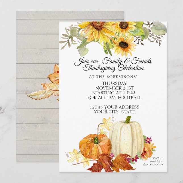 Rustic Thanksgiving White Orange Pumpkin Sunflower Invitation (Front/Back)