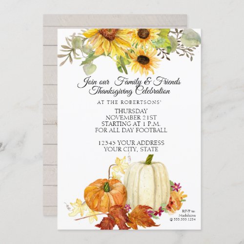 Rustic Thanksgiving White Orange Pumpkin Sunflower Invitation