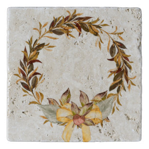 Rustic Thanksgiving Wreath Travertine Stone Trivet