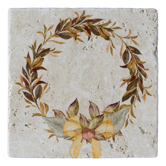 Rustic Thanksgiving Wreath Travertine Stone Trivet (Front)
