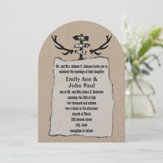 Rustic The Hunt Is Over Wedding shown on Kraft Invitation
