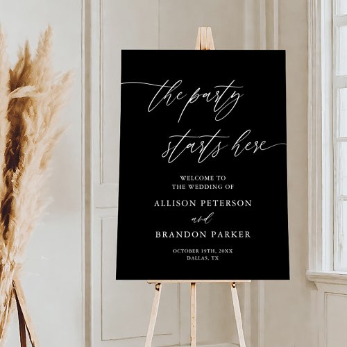 Rustic The Party Starts Here Black Wedding Sign