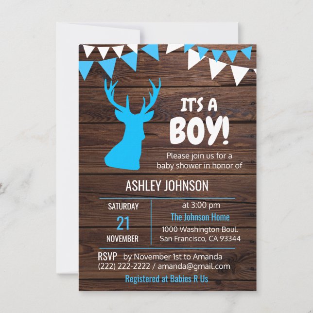 Rustic Theme Buck Blue BOY Baby Shower Invitations (Front)