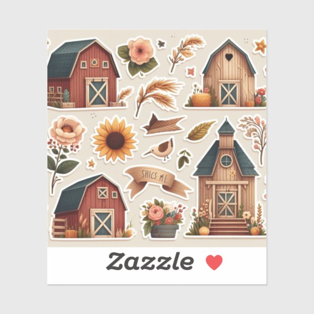 Rustic-themed stickers featuring barns, flowers,  (Sheet)