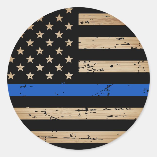 Rustic Thin Blue Line American Flag Police Classic Classic Round Sticker (Front)