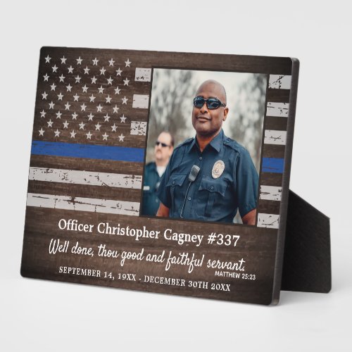 Rustic Thin Blue Line Police Memorial Photo Plaque