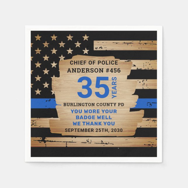 Rustic Thin Blue Line Police Retirement Party Napkins (Front)