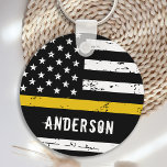 Rustic Thin Gold Line Flag Personalized Dispatcher Keychain<br><div class="desc">Thin Gold Line Flag Keychain - USA American flag design in Dispatcher Flag colors, distressed design . Perfect for all 911 dispatchers, police dispatchers and fire dispatchers. Personalize with dispatchers name.. This thin gold line keychain is perfect for a dispatcher retirement party favors, dispatcher thank you gift . COPYRIGHT ©...</div>