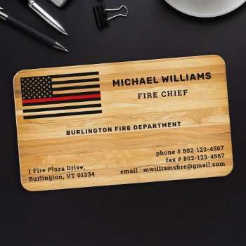 Rustic Thin Red Line America Flag Wood Firefighter Business Card by BlackDogArtJudy at Zazzle