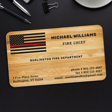 Rustic Thin Red Line America Flag Wood Firefighter Business Card