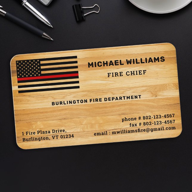 Rustic Thin Red Line America Flag Wood Firefighter Business Card (Creator Uploaded)