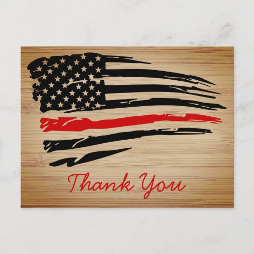Rustic Thin Red Line Firefighter Thank You Postcard