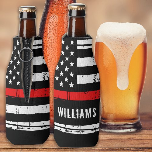 Rustic Thin Red Line Personalized Firefighter Bottle Cooler