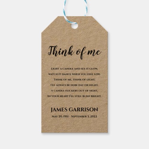 Rustic Think Of Me Memorial Candle Favor Gift Tags