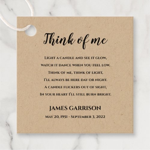 Rustic Think Of Me Poem Celebration of Life Candle Favor Tags