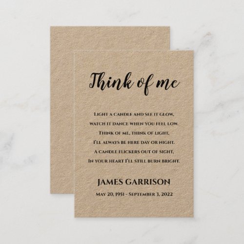 Rustic Think Of Me Poem Memorial Candle Place Card