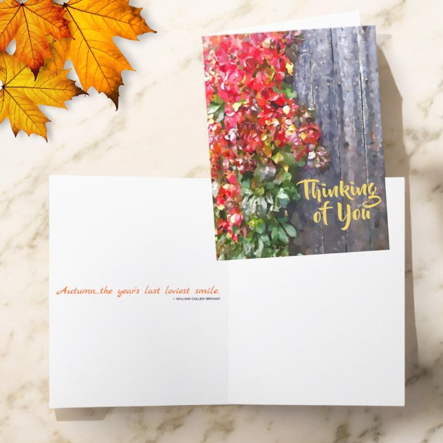 Rustic Thinking Of You Colorful Fall Leaves Custom Card (greeting card front and inside)
