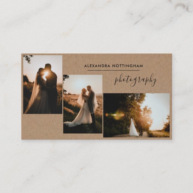 Rustic Three Photo Collage Wedding Photography Business Card (Front)