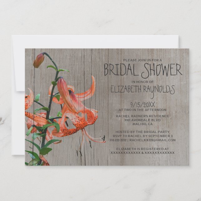 Rustic Tiger Lily Bridal Shower Invitations (Front)