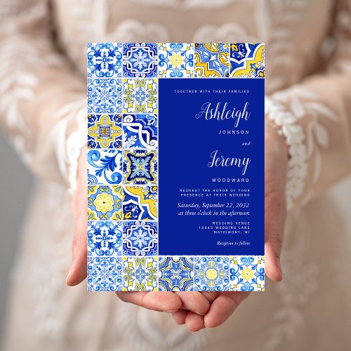 Rustic Tile Blue Yellow White Wedding Invitation