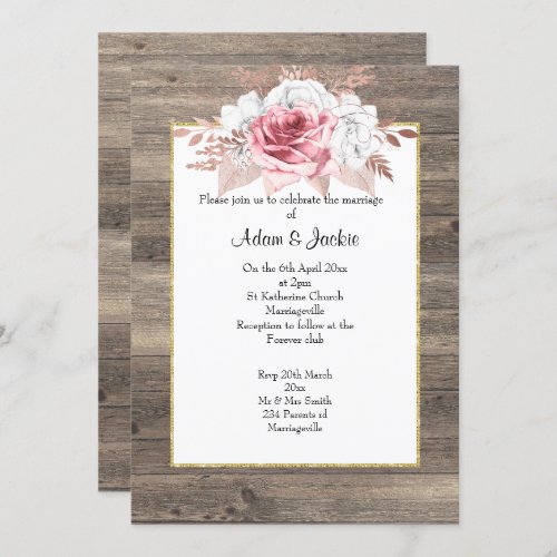 RUSTIC TIMBER PINK ROSE FLORAL WEDDING INVITATION