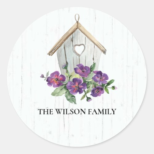 RUSTIC TIMBER WOOD VIOLET FLORAL BIRD HOUSE CLASSIC ROUND STICKER