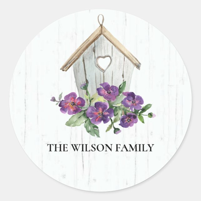 RUSTIC TIMBER WOOD VIOLET FLORAL BIRD HOUSE CLASSIC ROUND STICKER (Front)